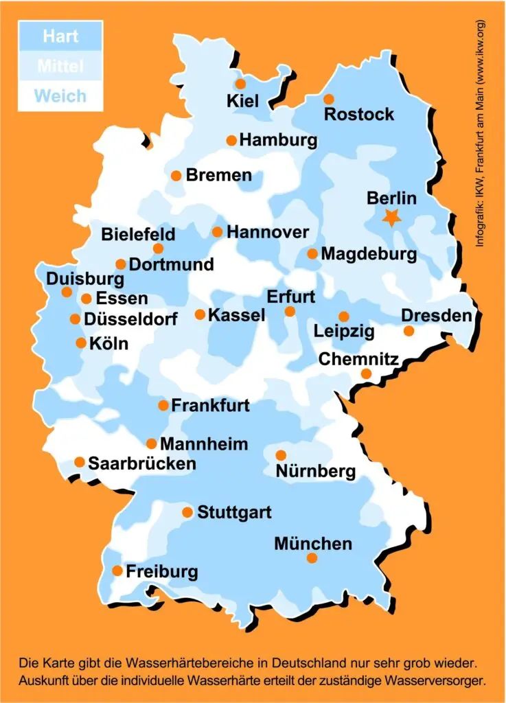 Infografik zu den Wasserhärtegraden weich, mittel und hart in Deutschland